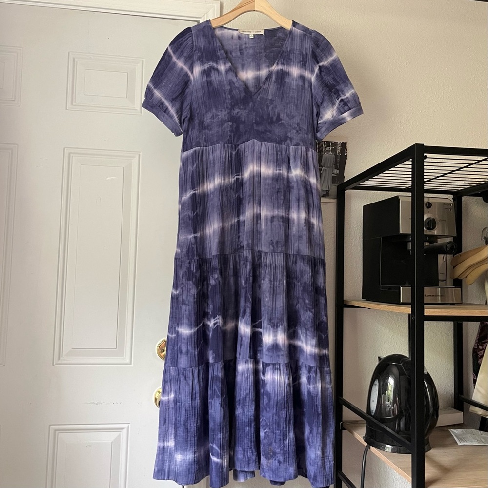 MADEWELL x WARM purple tie dye cotton gauze tiered short sleeve‎ midi dress